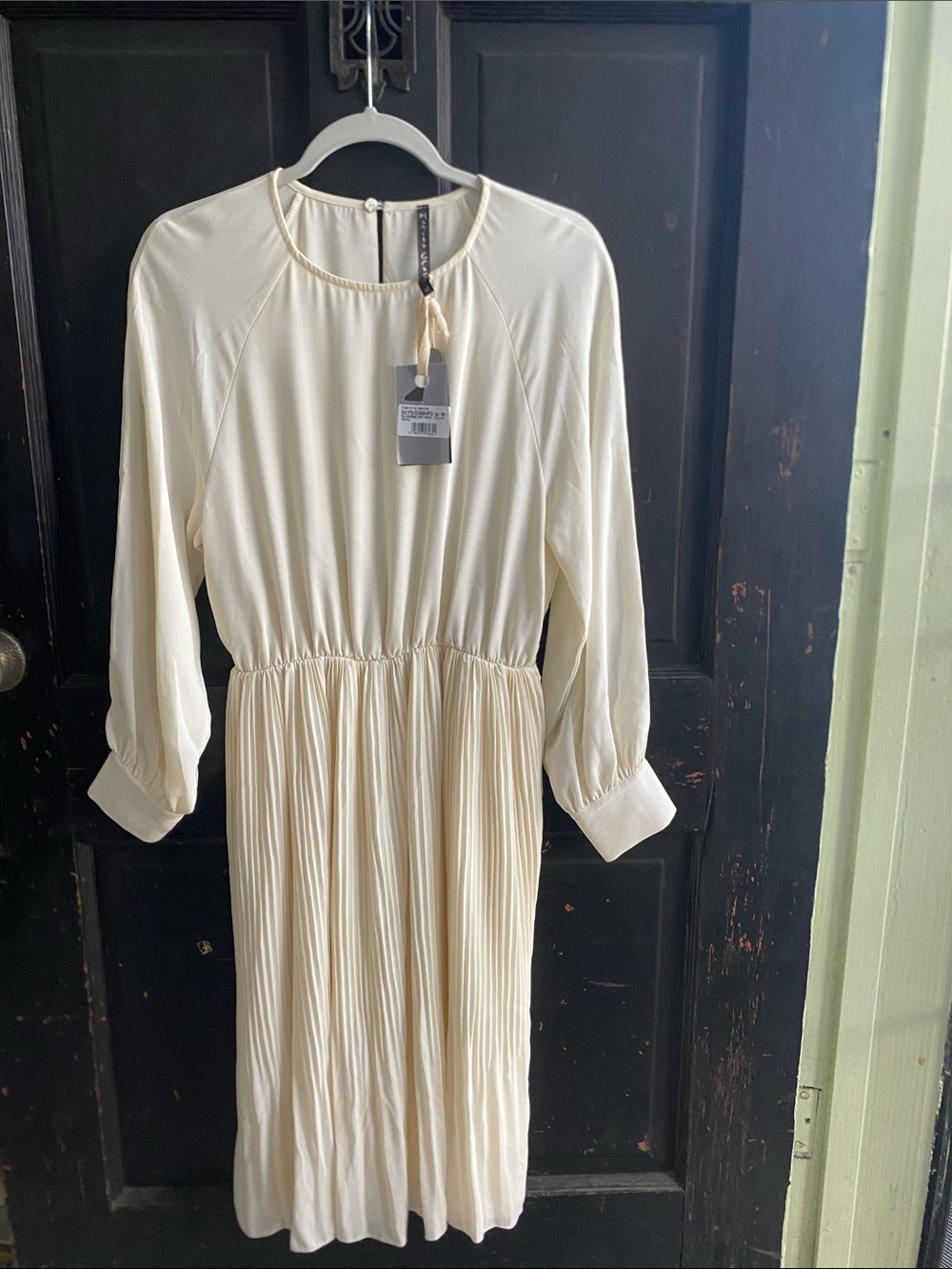 Long Sleeve Cream Pleated Waist Midi Dress